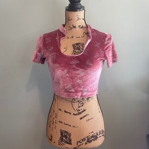 Y2K Butterfly Whimsical Fairycore Soft Velvet Plush Crop Top Pink Medium